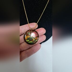 Vintage Bronze Green Pink Colored Cloisonne Pendant On Gold Tone Chain Necklace